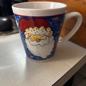 Adorable Santa Claus Mug Blue Stars Whimsical Christmas Holiday Drinkware